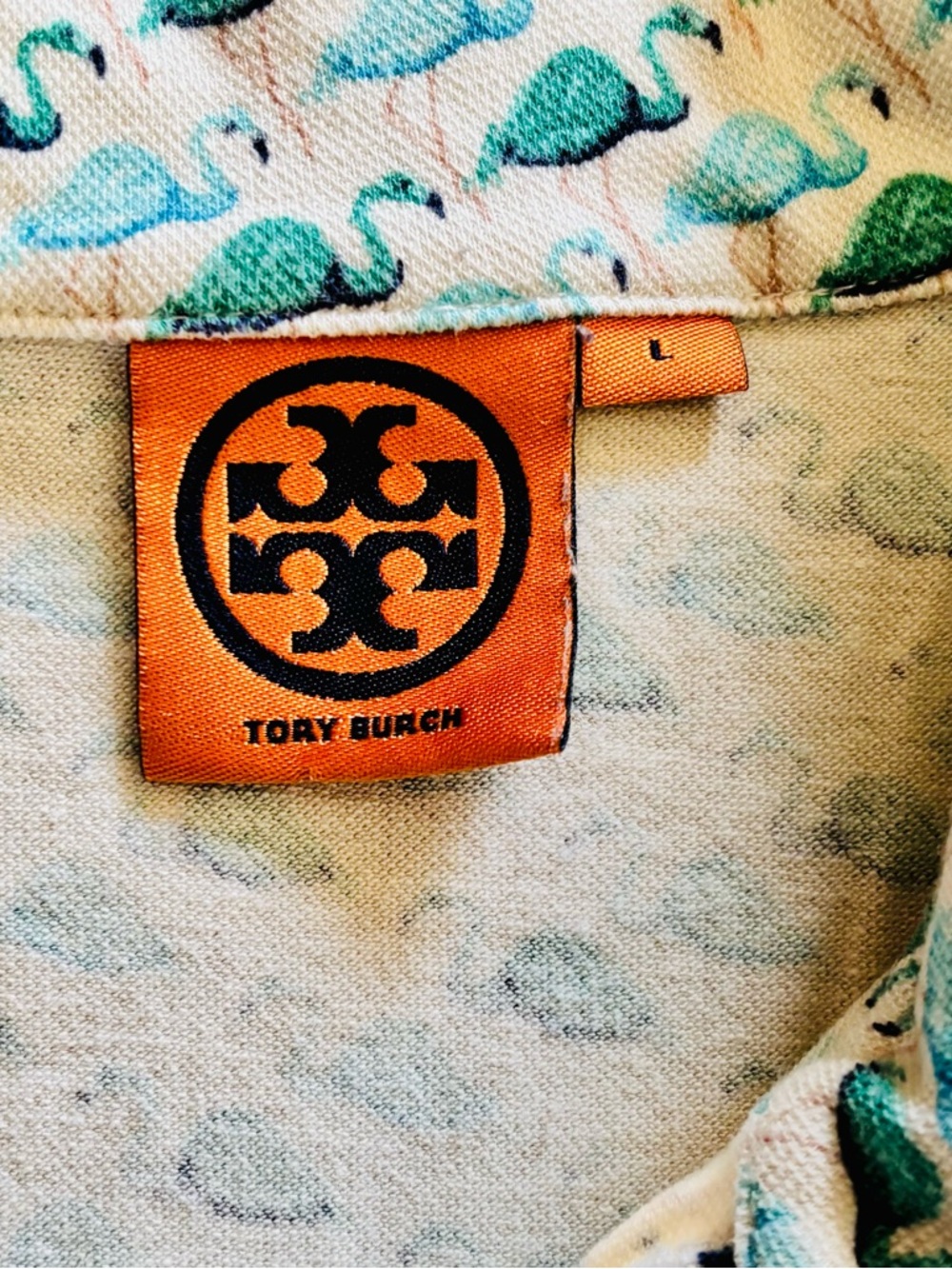 Sz L Tory Burch Cropped Cream Golf Polo with Teal Flamingo Print - Picture 3 of 9